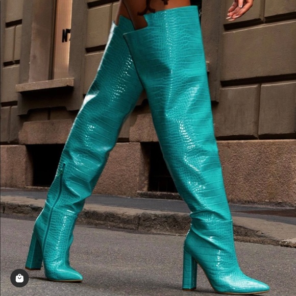 Shoes - Over-the-Knee Croc-Embossed Boots in Teal